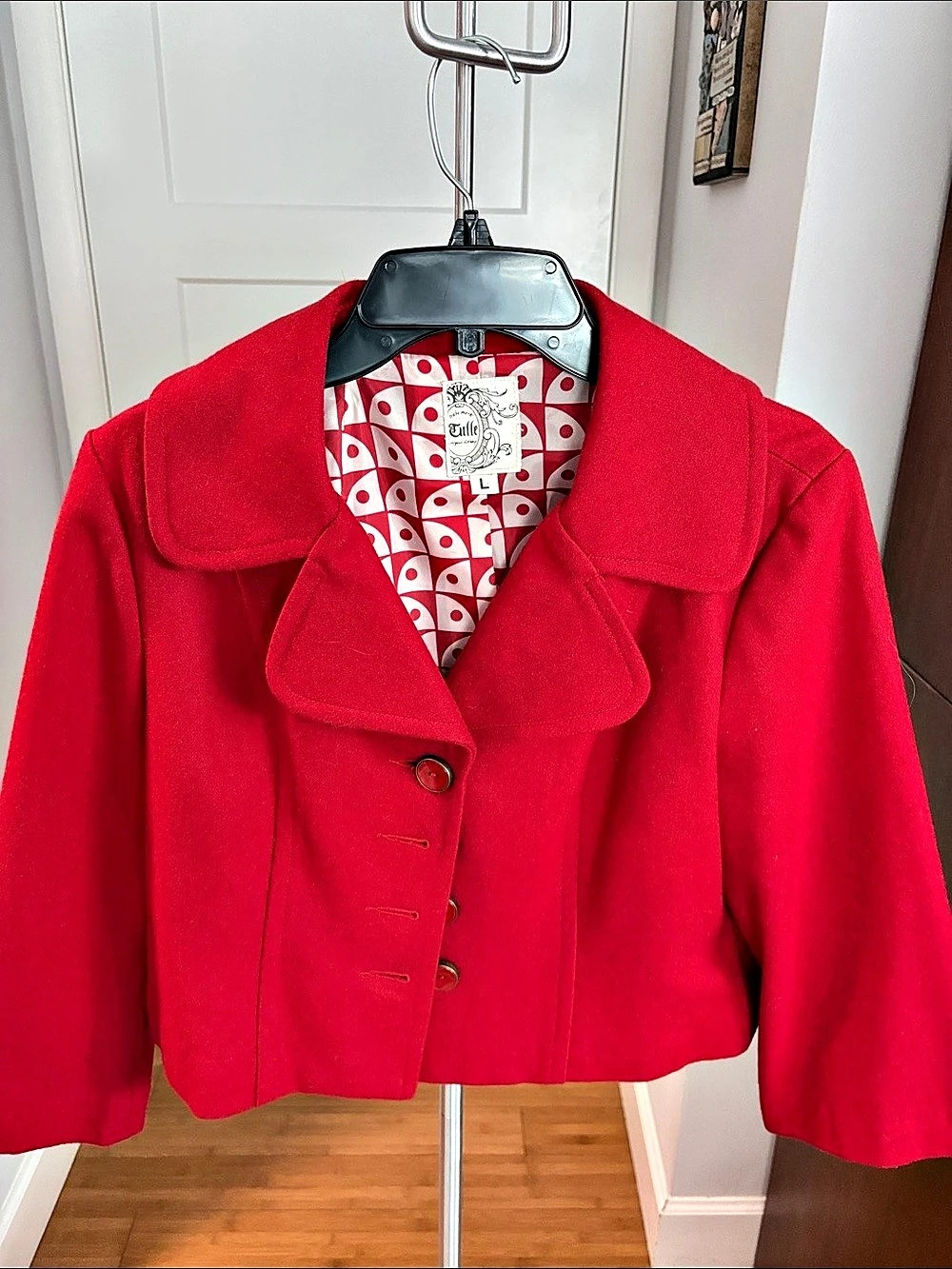 Tulle Red Geometric Button Jacket Size Large Like New